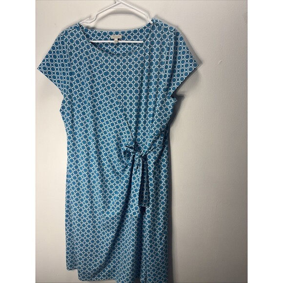 Talbots Petite XLDress Sheath Self Tie Cap Sleeve Stretch Blue Geometric Print - Picture 2 of 14